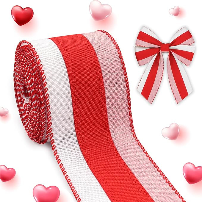 Threetols Valentine's Day Wired Ribbon, 2.5" 10 Yards Red Pink White Stripe Burlap Ribbons Valent... | Amazon (US)