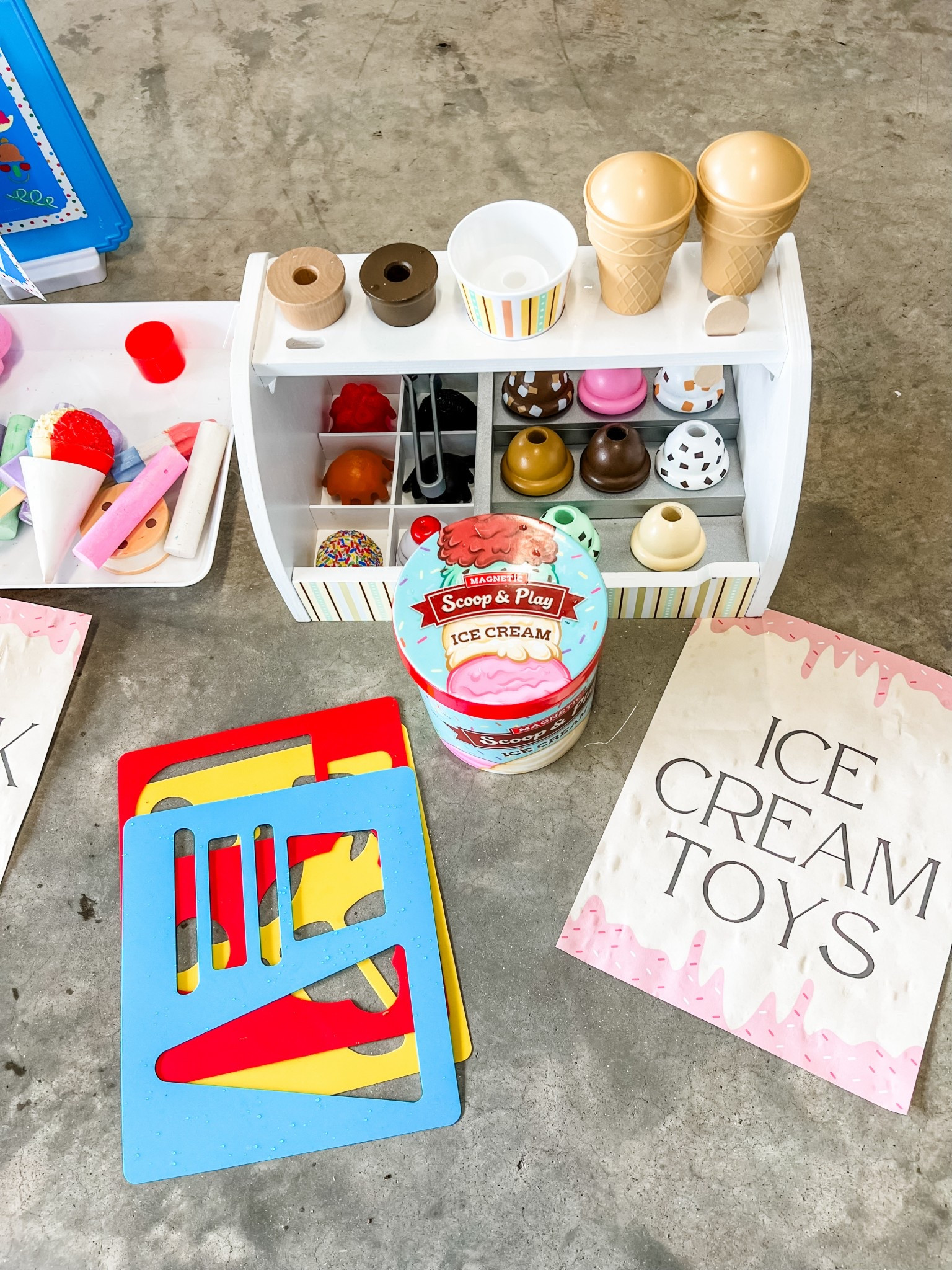 I’ve cream toys I put out for kids to play with for my toddler’s ice cream birthday party! This side walk chalk is fun for summer, as well as ice cream cones that magnetize to the scooper, and wooden ice cream set 
Sidewalk chalk, kids toys, Melissa & Doug, outdoor toys, summer toys, kids birthday party, ice cream party, ice cream toys 

#LTKFindsUnder50 #LTKParties #LTKKids