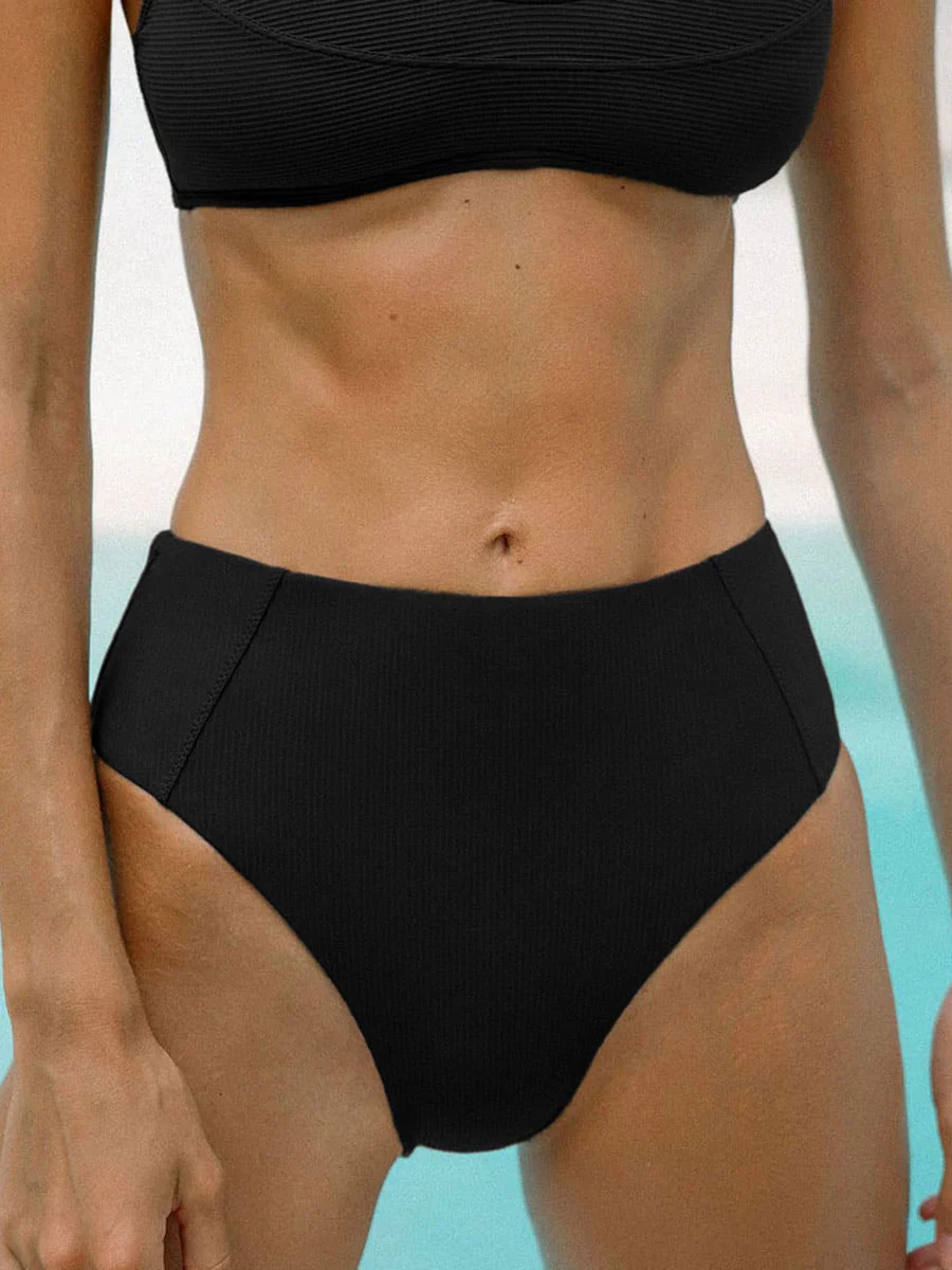 Black Ribbed Seam Full Coverage Bikini Bottom & Reviews - Black - Sustainable Bikinis | BERLOOK | BERLOOK