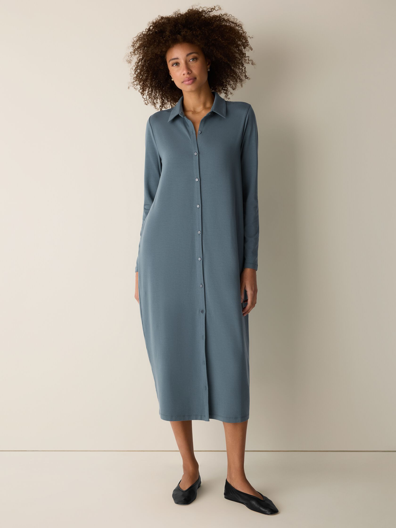 Stretch Jersey Knit Classic Collar Oval Dress | Eileen Fisher