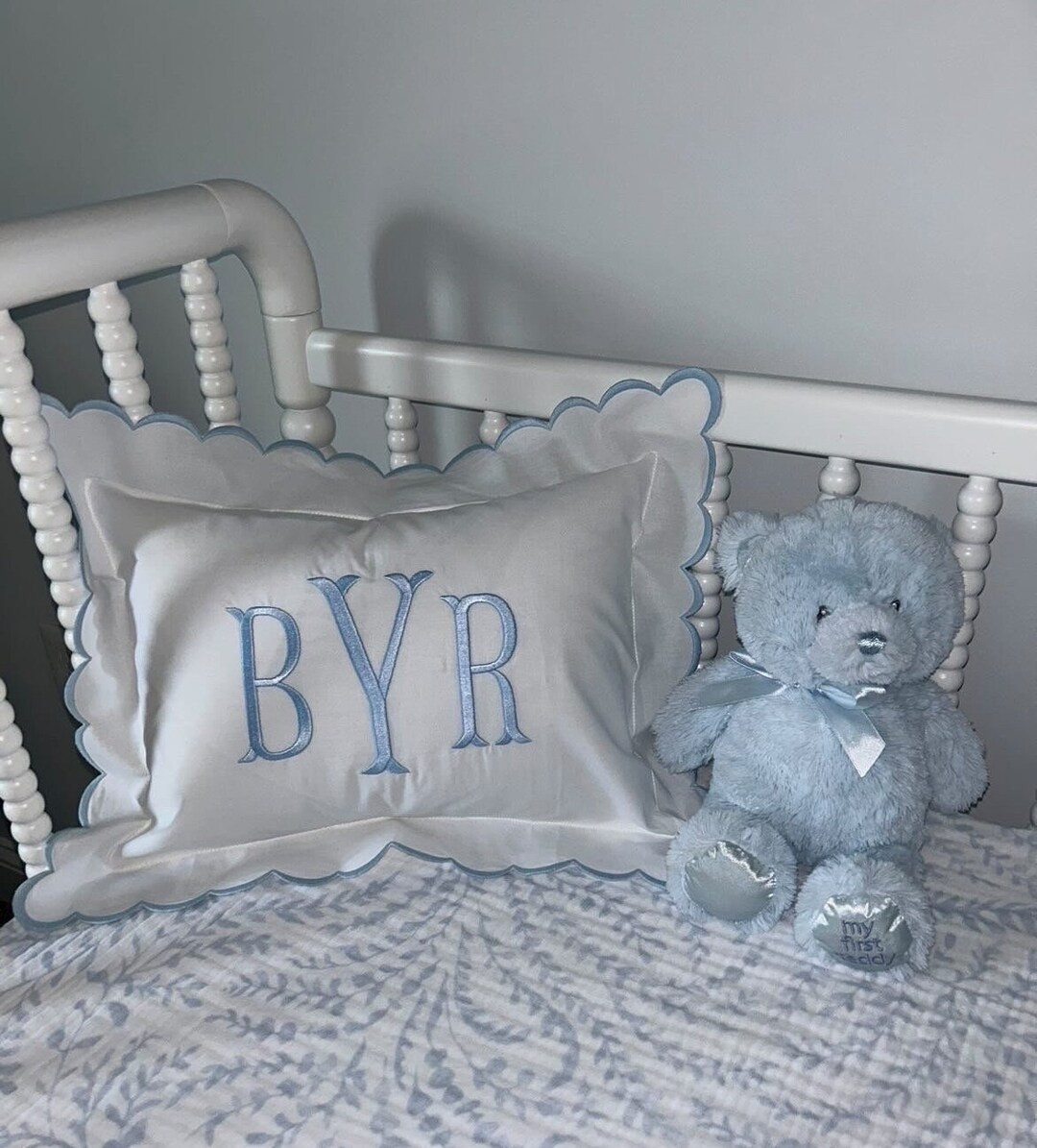Blue Scallop Pillow, Monogram Nursery Pillow, Personalized Baby Gift, Monogram Baby Pillow, Decor... | Etsy (US)