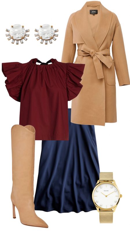 Slip skirt styled 3 ways— love this navy slip skirt paired with tan boots, a classic coat and a rich burgundy colored blouse. 

#LTKstyletip #LTKSeasonal #LTKworkwear