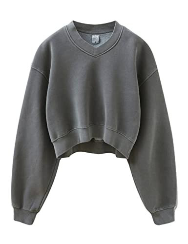 Acid Wash Athletic Hoodies Sweatshirt for Women Heritage Fleece V-neck Long Sleeve Hoodie Y2K Crop Pullover Women Sweatshirt Cotton Fleece Lined Hoodies Teen Workout Pullover Shirt Darkgray-XL | Amazon (US)