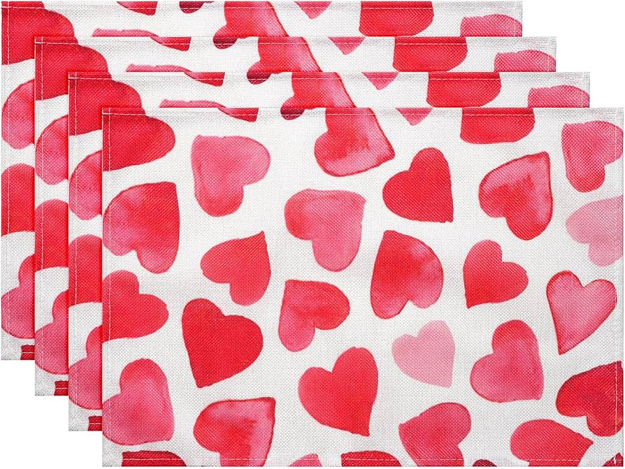 12x18 Inch Red Love Heart Valentines Day Placemats Set of 4, Polyester Table Mats for Anniversary... | Amazon (US)