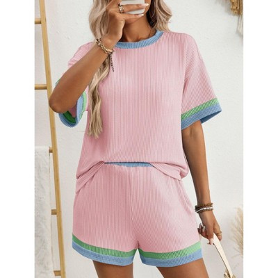 Women's Stripe Top and Shorts Set Casual Outfit with Pockets,S,Pink | Target