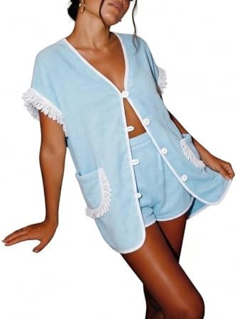 Franhais Womens 2 Piece Set Fringed Trim Vacation Outfits Short Sleeve Vneck Button Up Top Shorts... | Amazon (US)