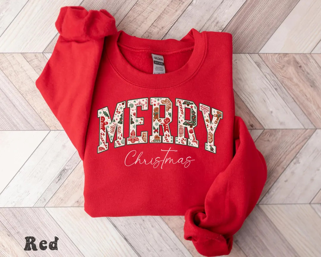 Merry Christmas Sweatshirt: Matching Family Holiday Sweaters, Retro Merry Crewneck, Xmas Gift | Etsy (US)