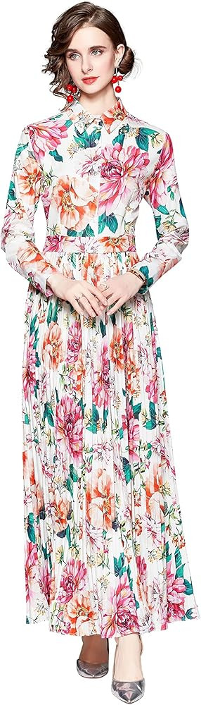 LAI MENG FIVE CATS Women's Elegant Floral Print Button up Casual A-line Flowy Maxi Dress | Amazon (US)
