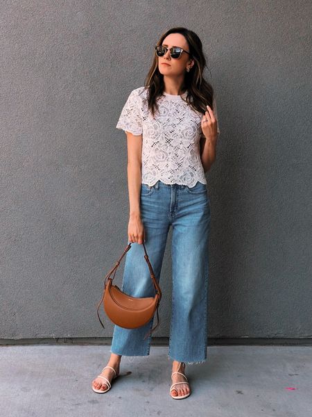 Can’t get enough of this simple spring outfit 🤍🤍 this lace top comes in a few other colors but you know me…forever & always a neutrals girlie 😉 it’s the softest lace material ever! Wearing an XS and a 24 in the jeans 

#LTKstyletip #LTKfindsunder100 #LTKxMadewell