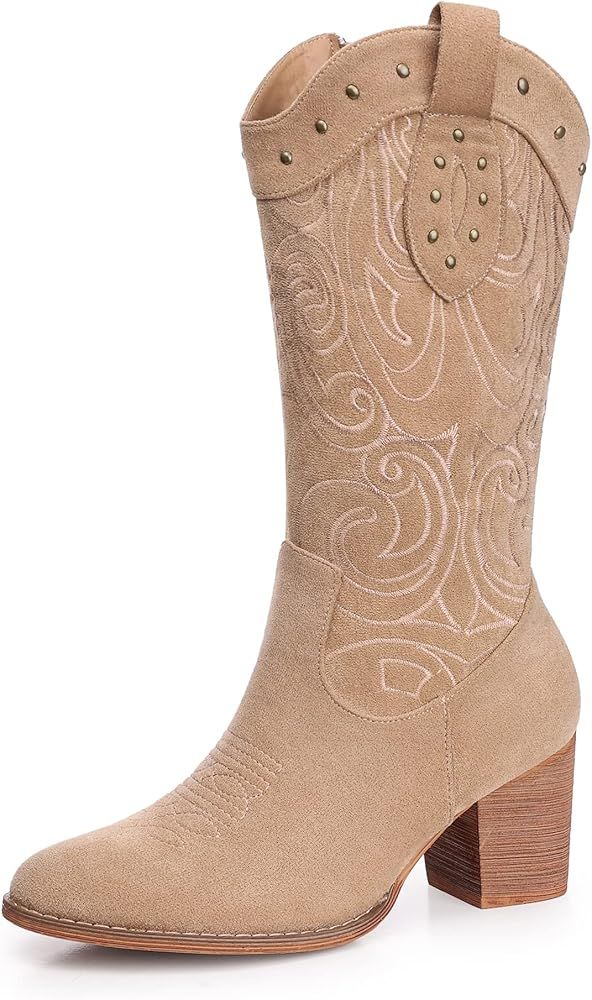 Cowboy Boots for Women Pointed Toe Pull-On Cowgirl Boots Mid Calf Western Embroidered Booties | Amazon (US)