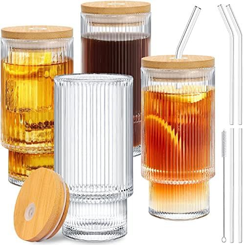 GMISUN Ribbed Glassware, Ribbed Glasses 11oz with Bamboo Lids, Drinking Glasses Set of 4, Glass C... | Amazon (US)