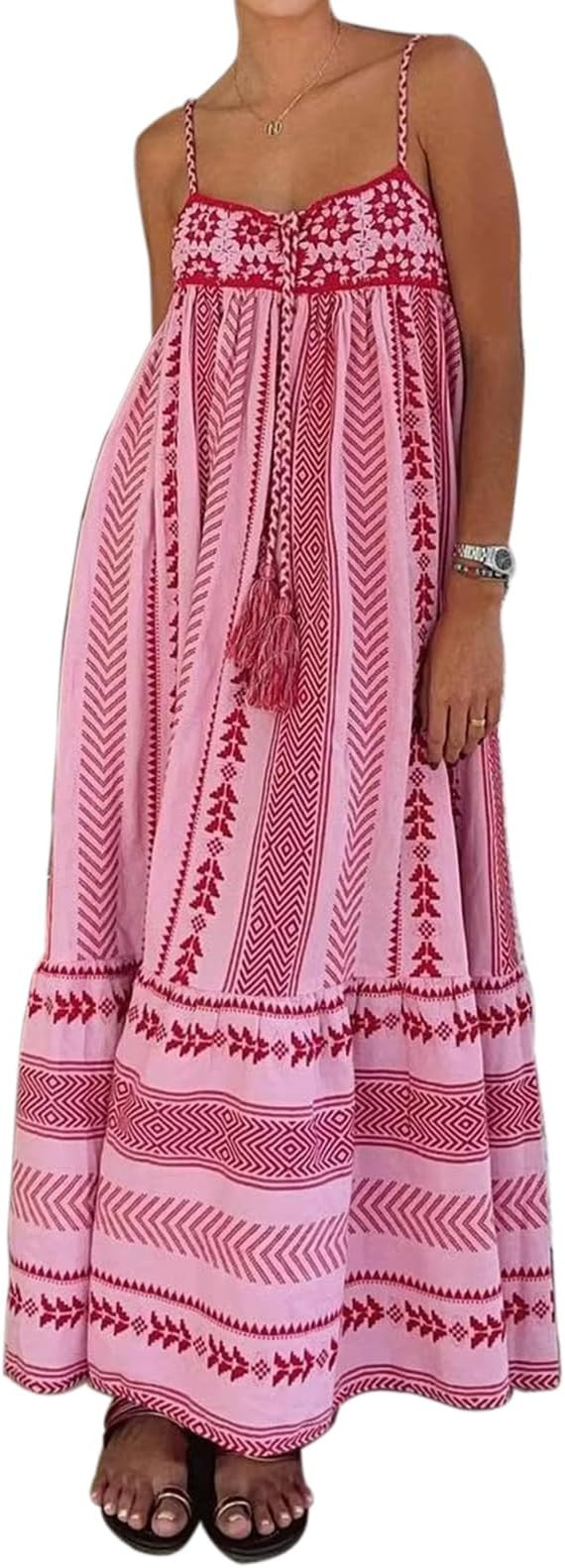 Women Boho Maxi Dress Crochet Patchwork Sleeveless Long Flowy Swing Dress Pink Beach Sundresses | Amazon (US)
