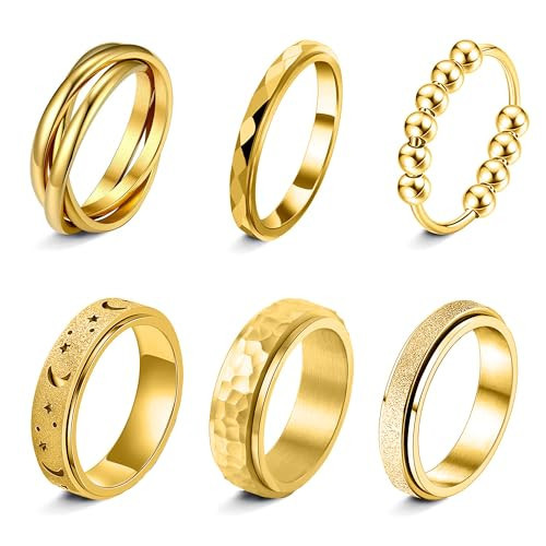 LOFITOR Gold Plated Fidget Rings for Anxiety 6pcs Stainless Steel Spinner Ring Anti Anxiety Ring Spinning Moon Star Cool Stress Relieveing CZ Rings for Women Men Band Rings Set Elegant Si8 | Amazon (US)
