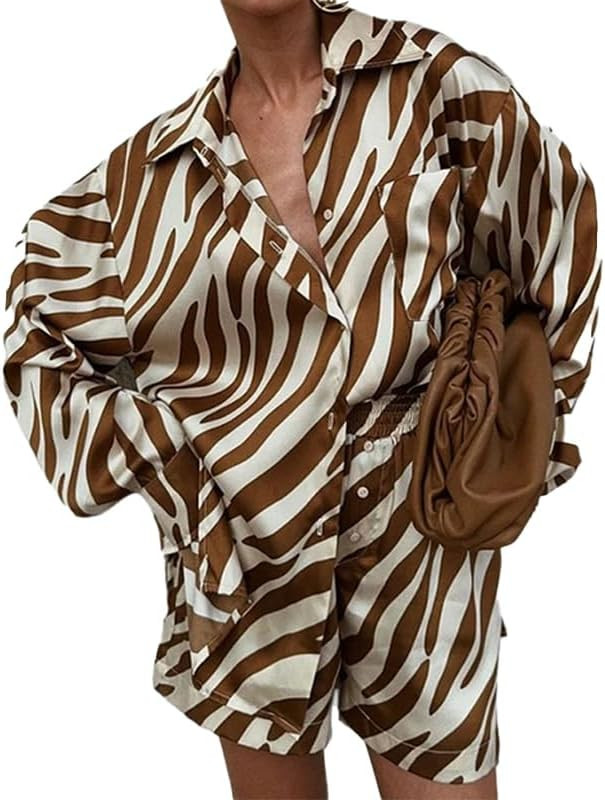 Women's Oversized Zebra Print Two Piece Set Long Sleeve Blouse and Shorts 2 Piece Outfits | Amazon (US)