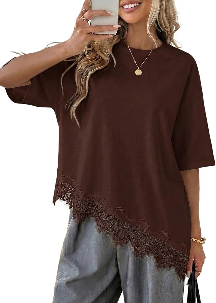 LOLONG Women Casual Crew Neck Half Sleeve Shirt Asymmetrical Lace Hem Tops | Amazon (US)