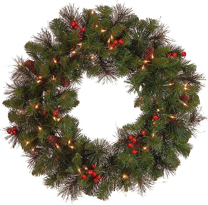 National Tree Company Pre-Lit Artificial Christmas Wreath, Green, Crestwood Spruce, White Lights,... | Amazon (US)