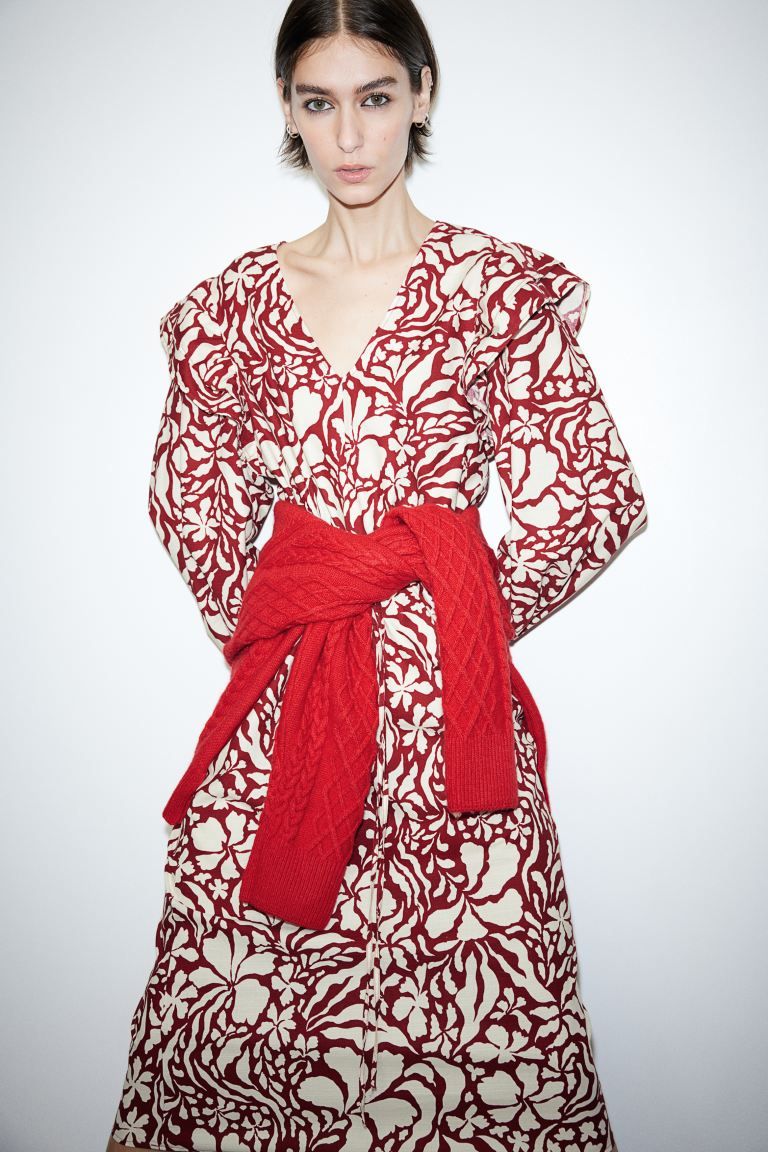Ruffle-trimmed Cotton Dress - Dark red/floral - Ladies | H&M US | H&M (US + CA)