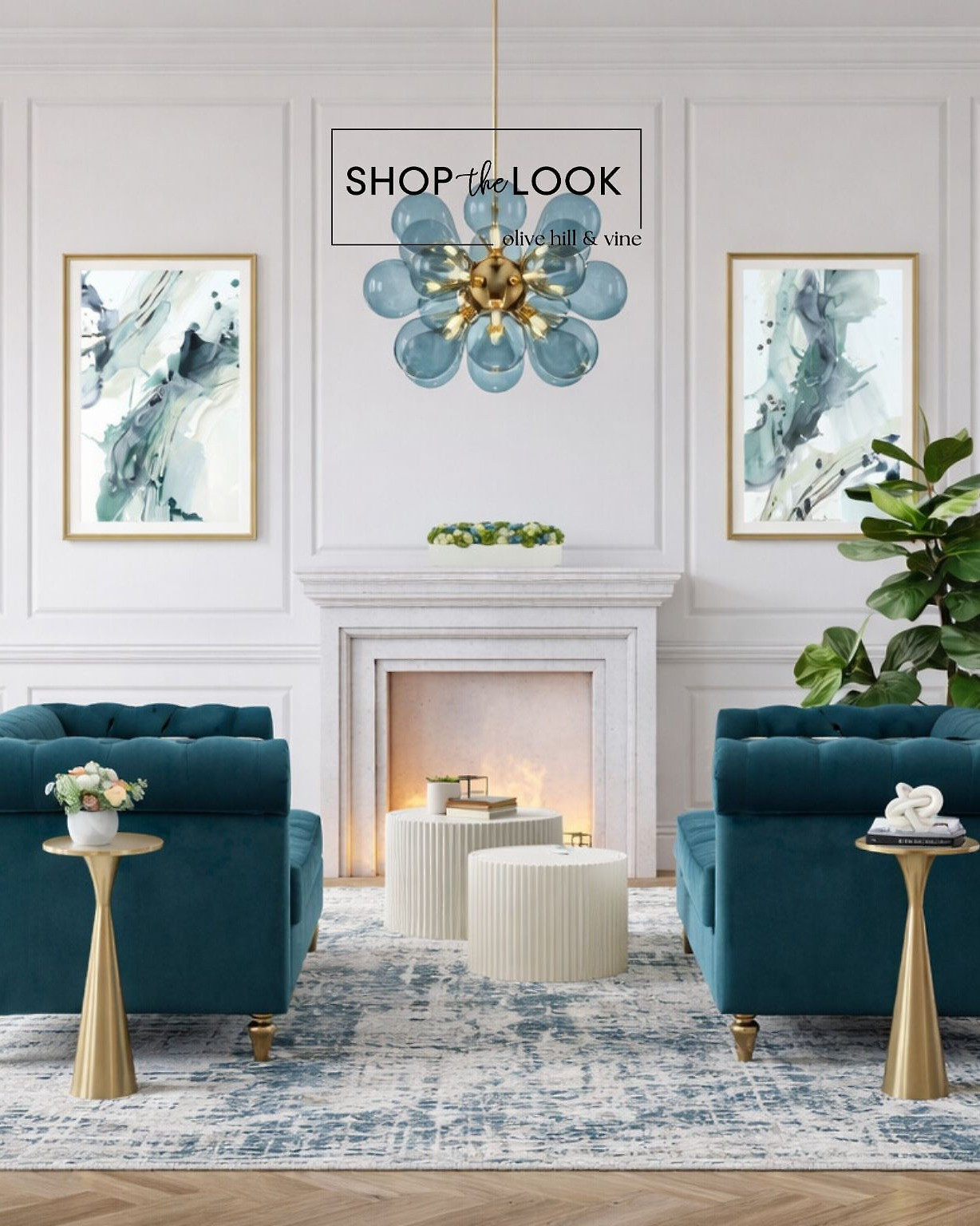 A refined take on modern elegance—deep teal seating anchors the room, layered with warm brass accents, soft abstract art, and subtle texture throughout. Balanced, inviting, and thoughtfully styled for conversation and calm. 

 

#LTKHome