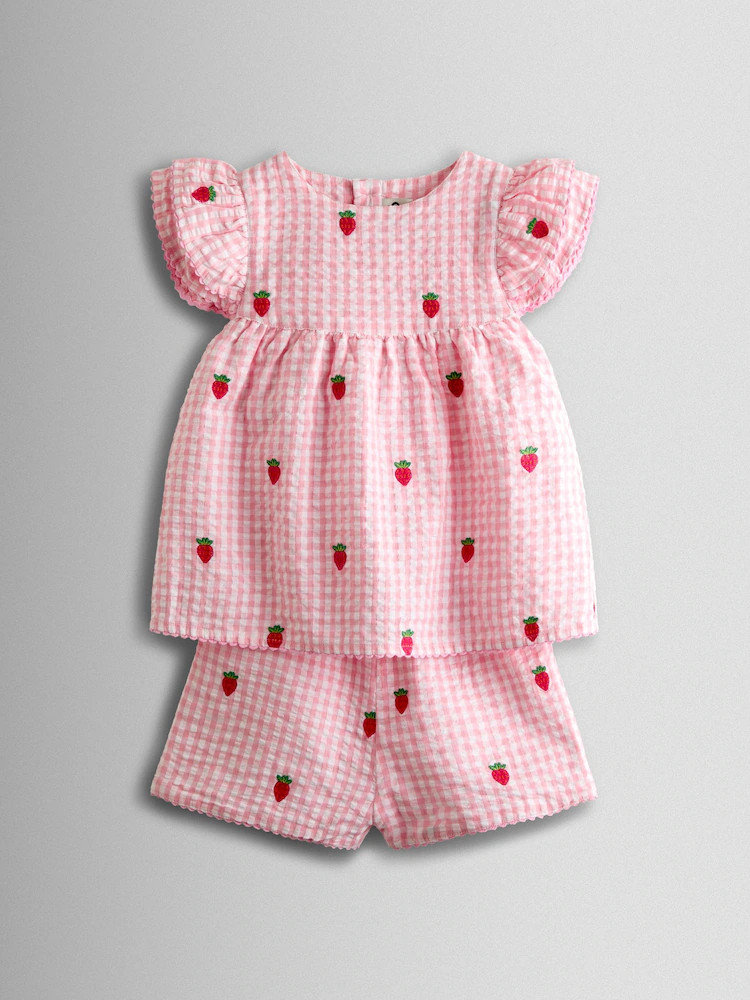 JoJo Maman Bébé Pink Gingham Strawberry Frill Sleeve Embroidered Top & Short Set | Next US