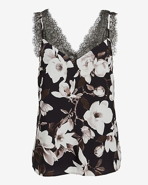 Satin Floral Print Lace Strap V-Neck Cami | Express