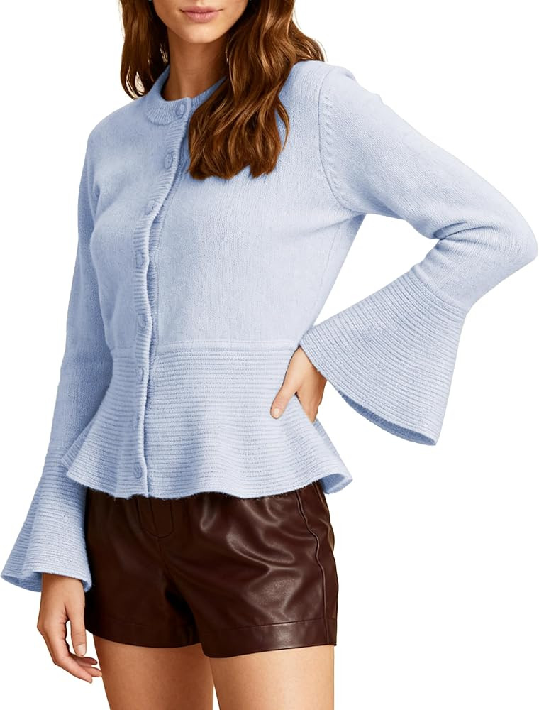 Women's Cardigans Peplum Button Up Sweaters Long Bell Sleeve 2025 Knitted Outwear Coat | Amazon (US)