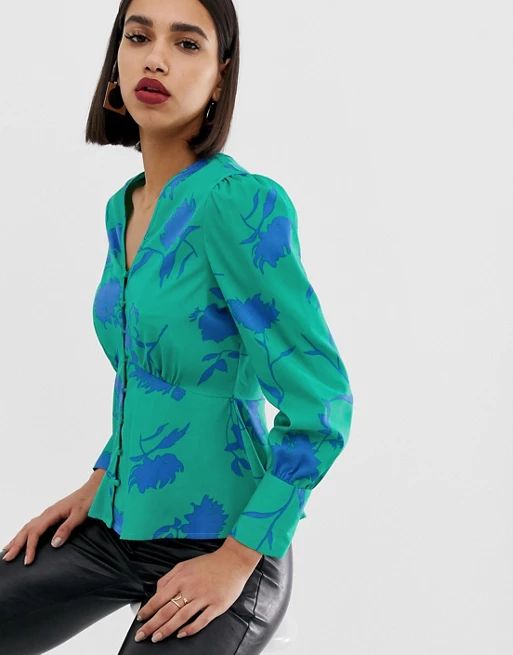 Boohoo  button through blouse in green floral | ASOS IE