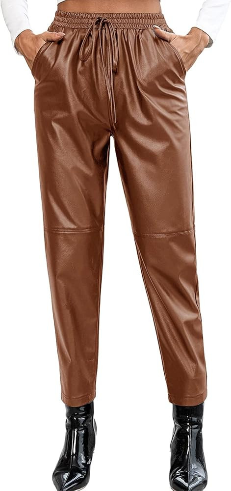 Nituyy Women Faux Leather High Waisted Paper Bag Pants Casual Gothic Y2K Pants Trousers Sexy Holl... | Amazon (US)