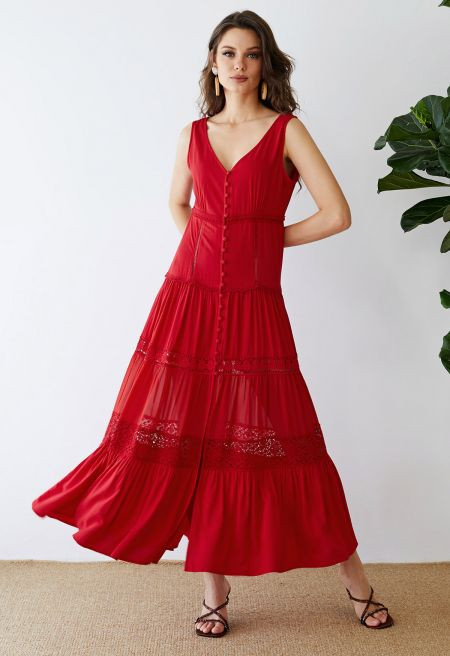 Crochet Trims Panelled Button Down Sleeveless Maxi Dress in Red | Chicwish