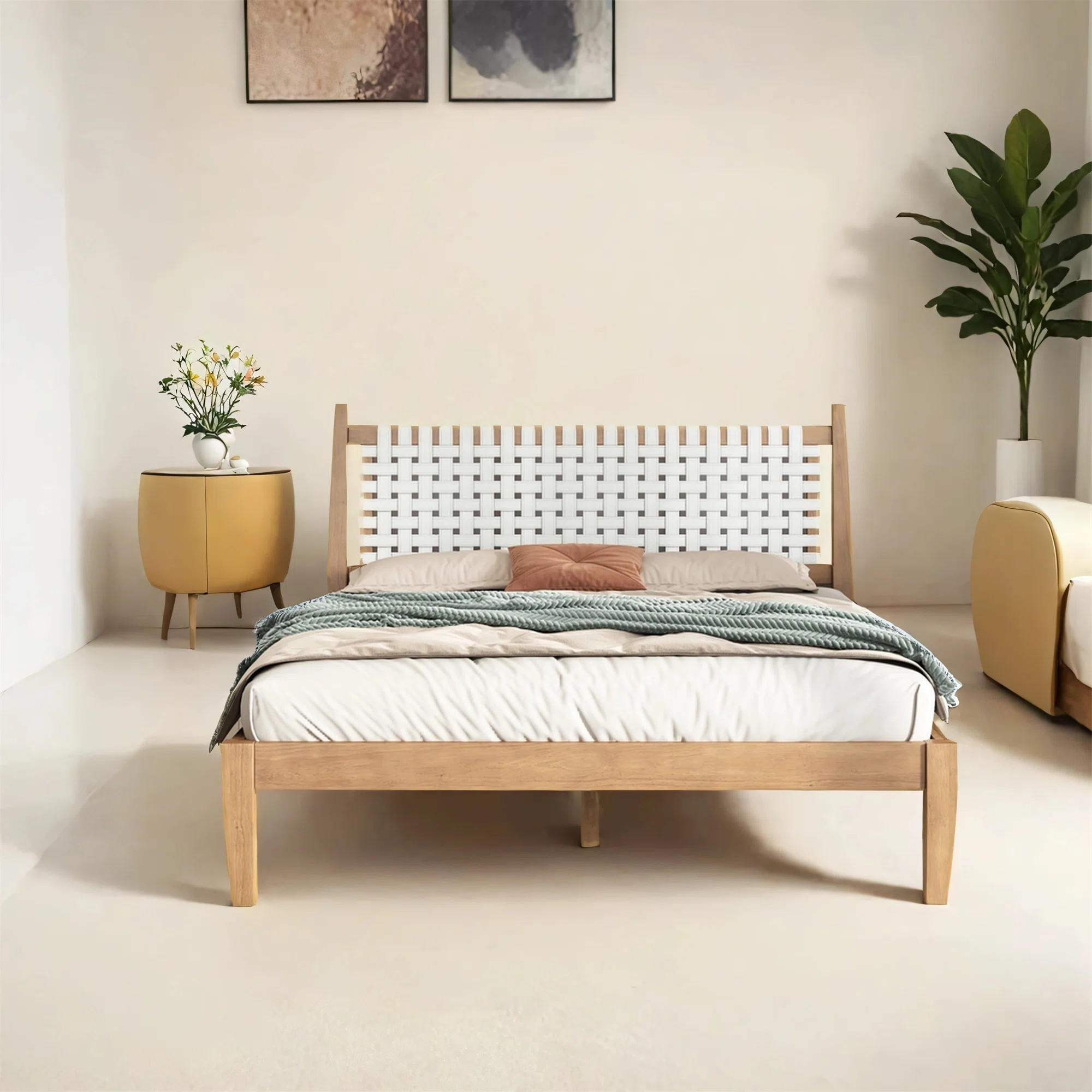 Latitude Run® Queen Bed Frame With Woven White Leather Backrest | Wayfair | Wayfair North America