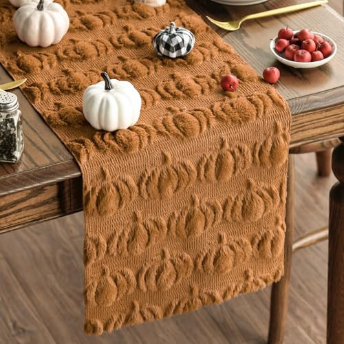 Artoid Mode Caramel Soft Plush Faux Fur Jacquard Pumpkins Fall Table Runner, Seasonal Autumn Kitchen Dining Table Decoration for Home Party Decor 13x120 Inch | Amazon (US)