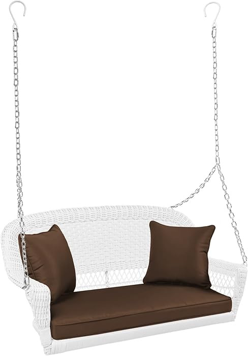 Jeco Wicker Porch Swing with Brown Cushion, White | Amazon (US)