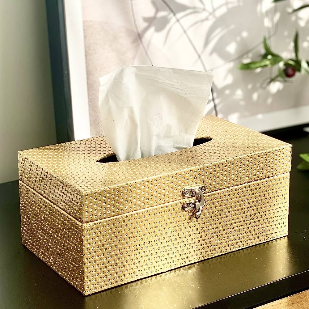 Amazon.com: Wooden Tissue Box Cover Rectangular, Decorative Gold Tissue Box Holder for Bedroom, L... | Amazon (US)