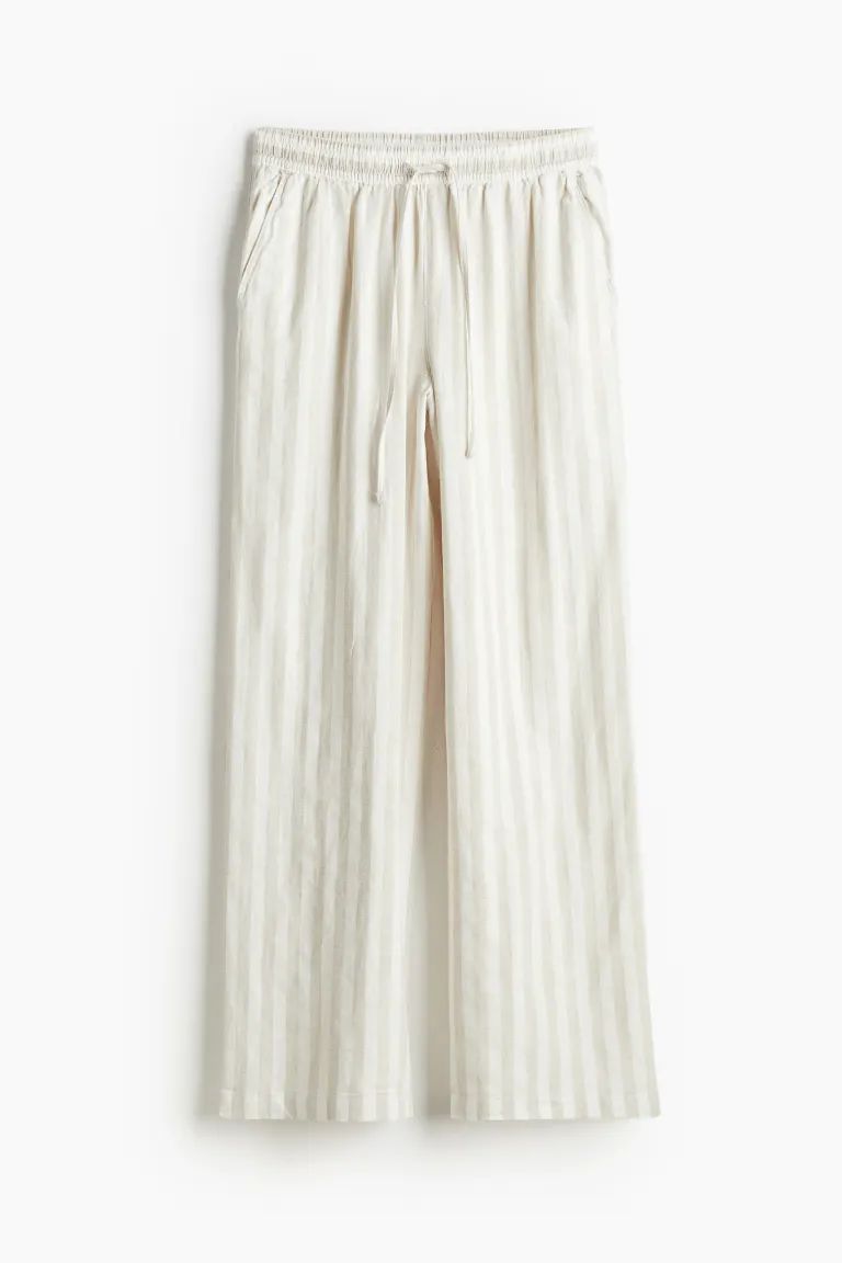 Linen-blend trousers - Light beige/Striped - Ladies | H&M GB | H&M (UK, MY, IN, SG, PH, TW, HK)