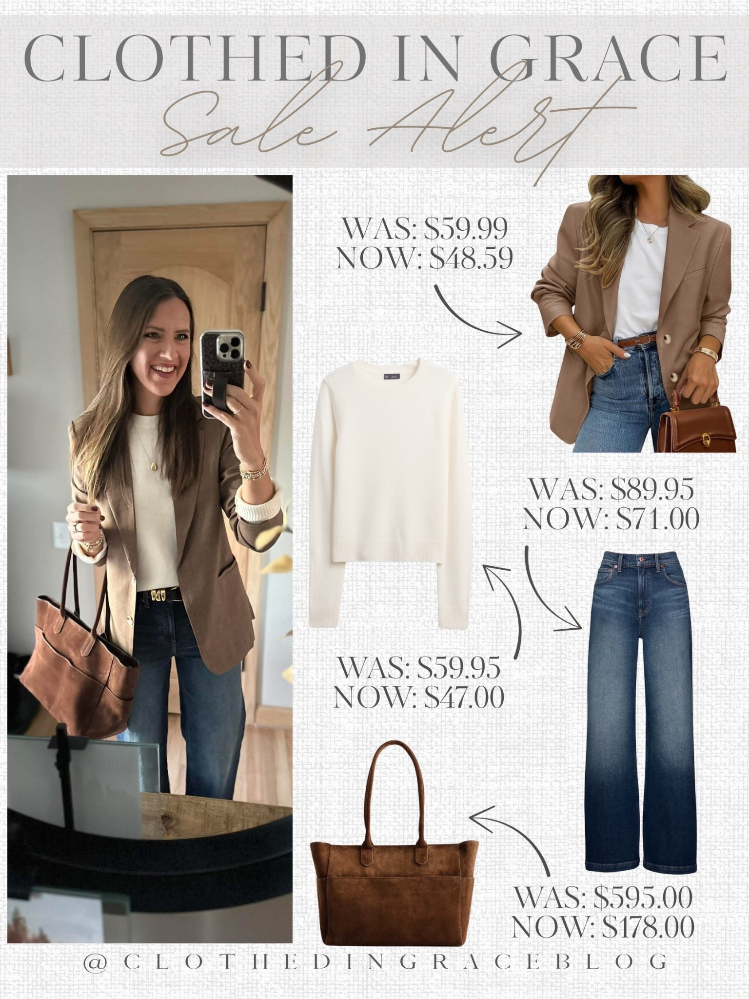 Blazer - medium
Sweater - medium tall 
Jeans - 26 long 