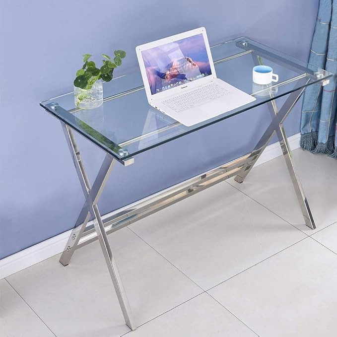 Modern Computer Desk Tempered Glass Small Computer Table for Small Spaces, Gaming Desk Study Table W | Amazon (US)