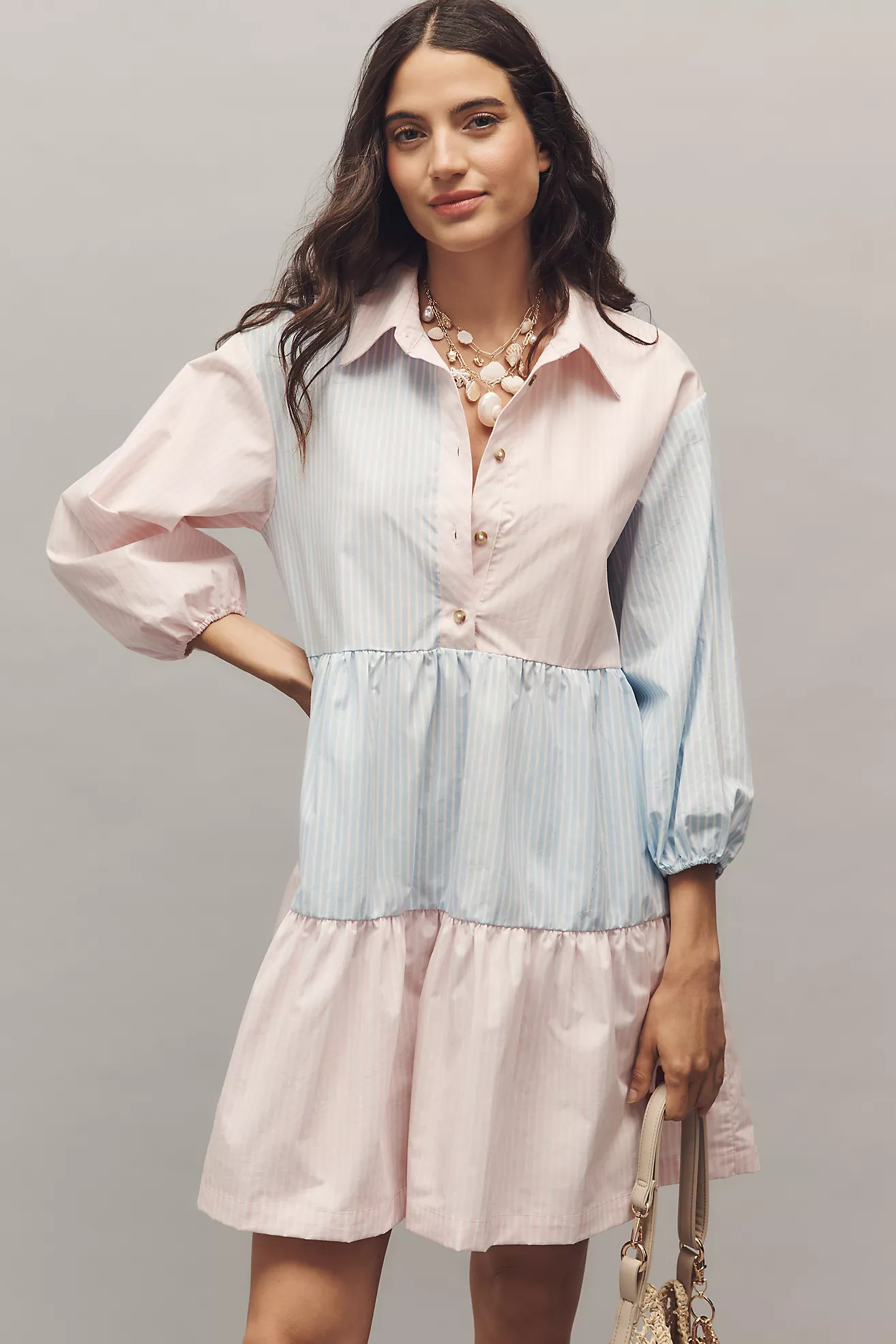 The Bettina Stripe Mix Tiered Mini Shirt Dress by Maeve | Anthropologie (US)