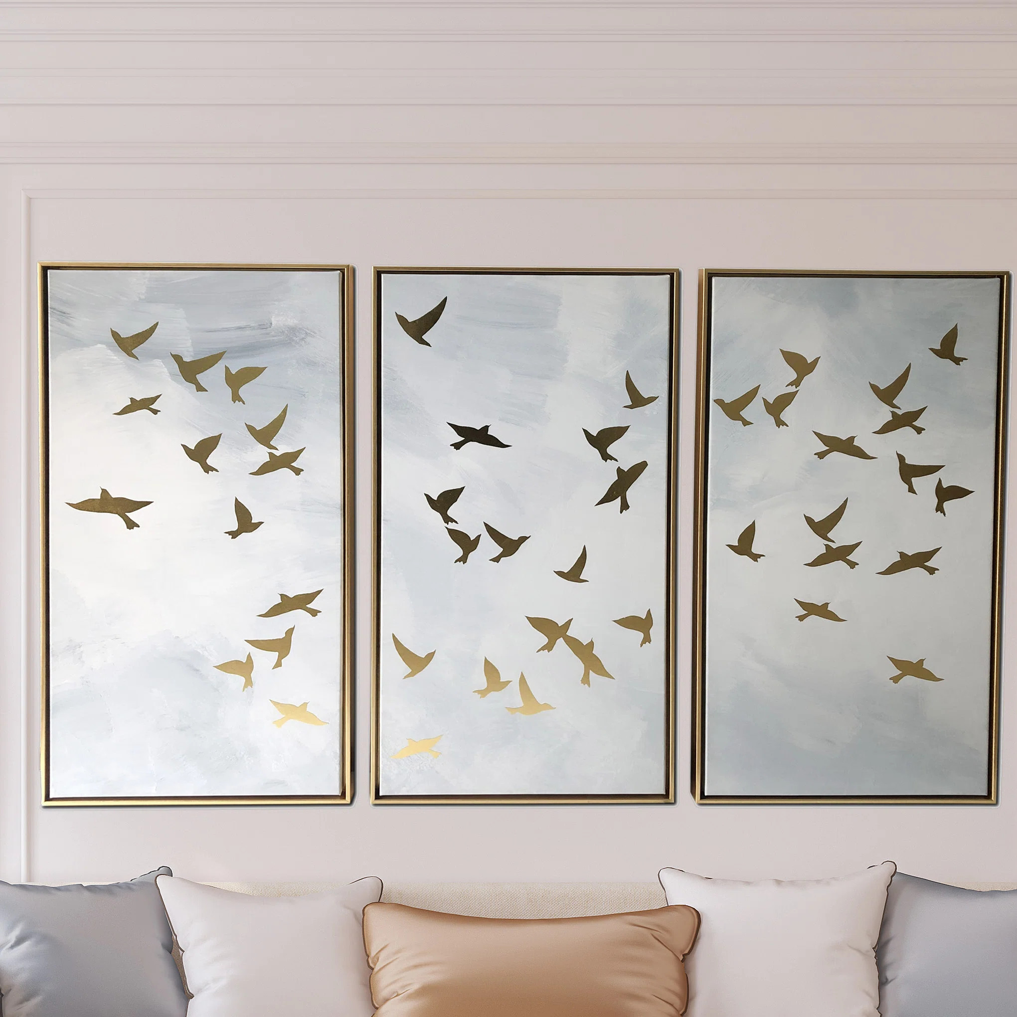 Red Barrel Studio® "Golden Birds" 3 Piece Set Print on Gold Floating Framed Canvas Wall Art | Wa... | Wayfair North America