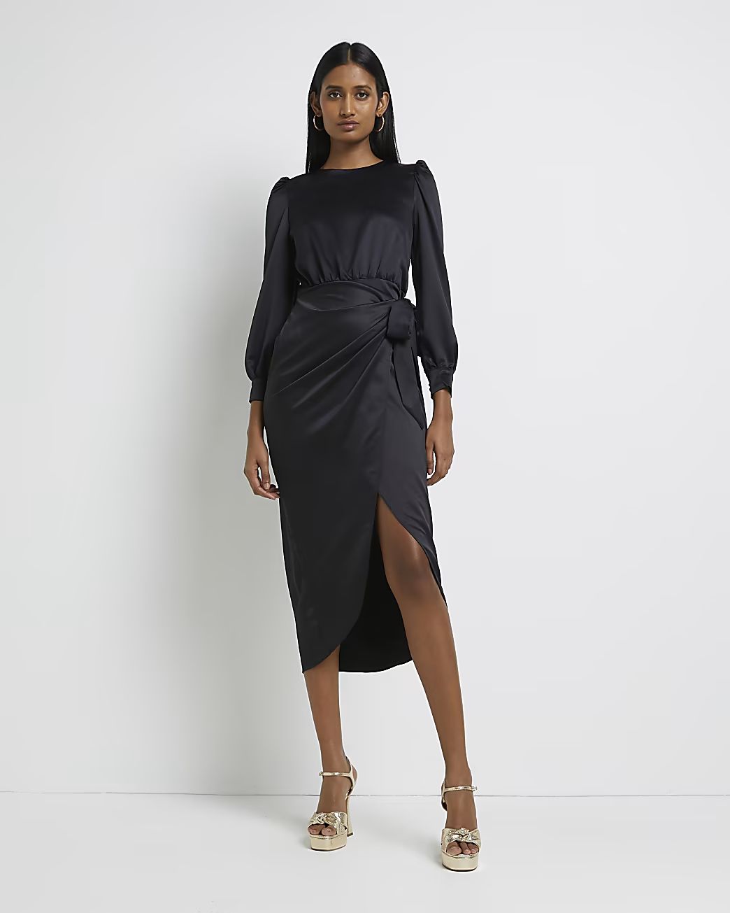 Black satin wrap midi dress | River Island (US)