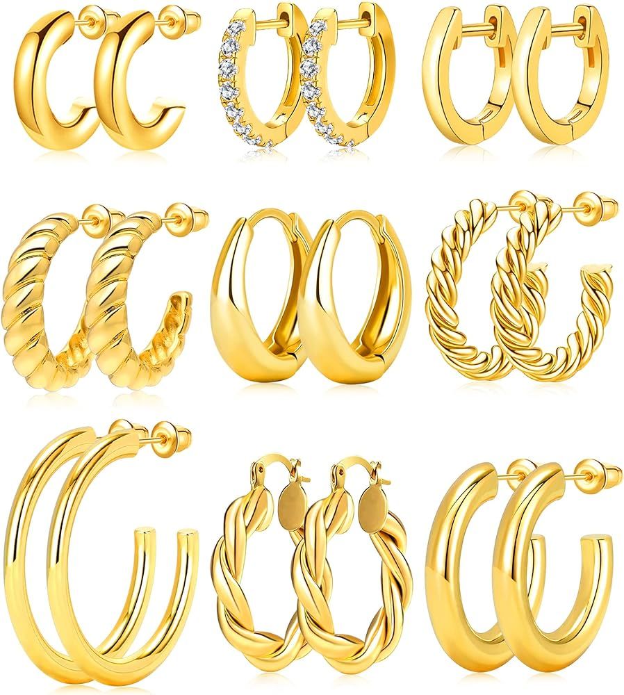 Adoyi 9 Pairs Gold Hoop Earrings Set for Women Gold Twisted Huggie Hoops Earrings 14K 18K Gold Plate | Amazon (US)