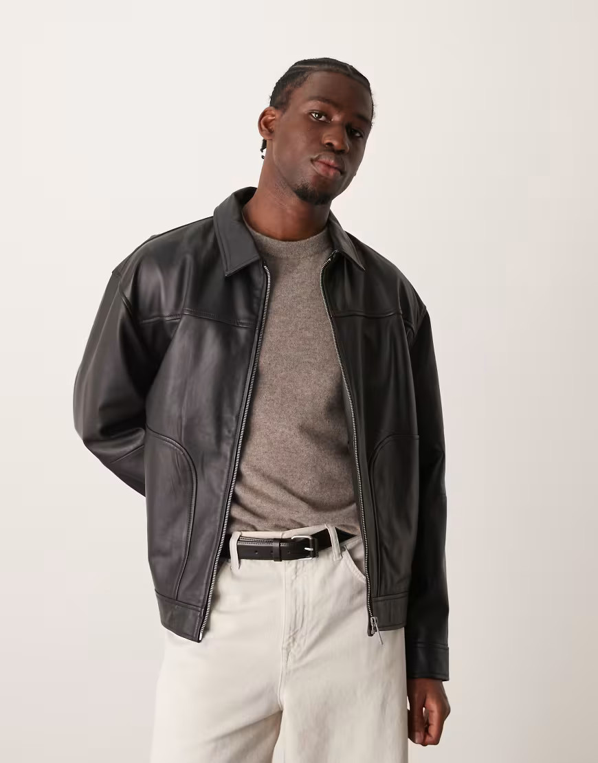 ASOS DESIGN Premium oversized real leather harrington jacket in black | ASOS (Global)