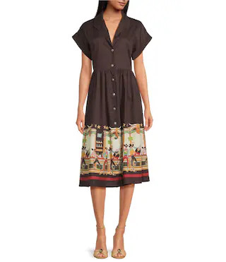 Double D Ranch Wester Bar Room Buddies Linen Point Collar Short Sleeve A-Line Dress | Dillard's | Dillard's