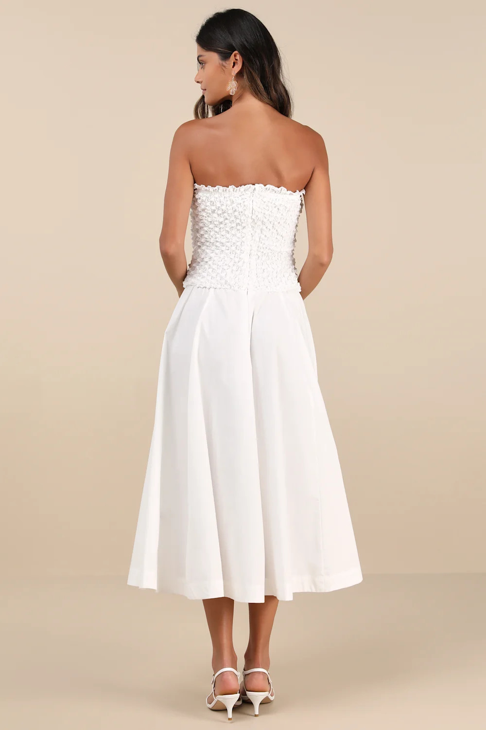 Aaralyn White Textured Strapless Drop Waist Midi Dress | Lulus