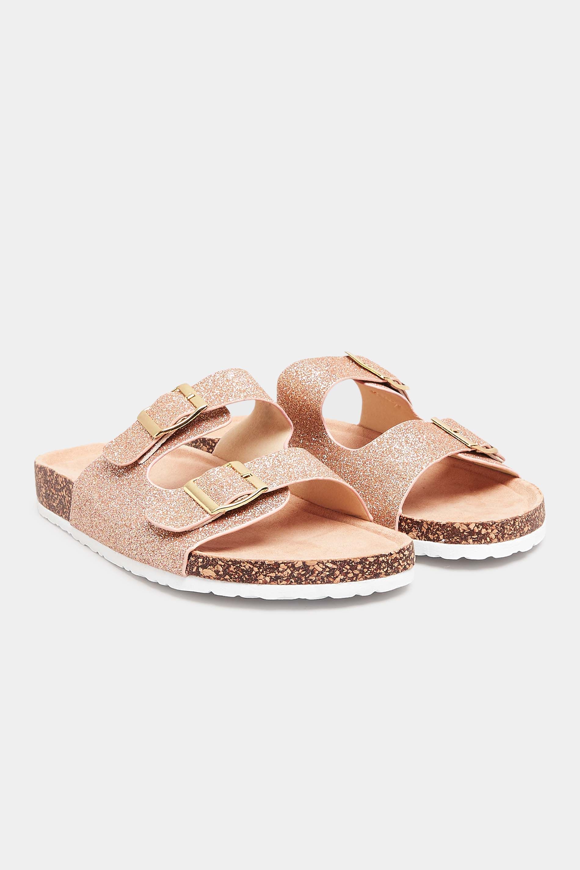 LTS Pink Glitter Buckle Footbed Sandals In Standard D Fit | Long Tall Sally