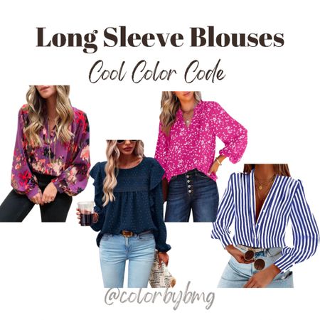 Cool Color Code long sleeve blouses

Colors from left to right 
Purple
Navy
Rose Red
Y-royal Blue

Cool Winter
Cool Summerr

#LTKfindsunder50 #LTKSeasonal #LTKstyletip