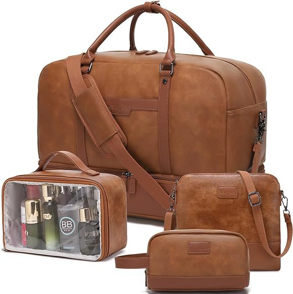 Wogarl 4PCS Leather Weekender Bag for Women Men Large Overnight Bag Travel Duffel Bag with Shoe C... | Amazon (US)