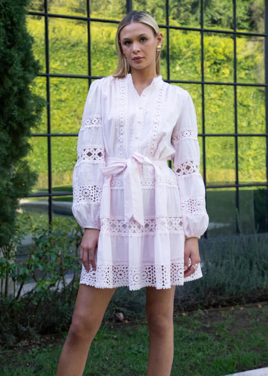 Laurena Long Sleeve Tie Waist Lace Mini Dress - Powder Pink | Benaar La