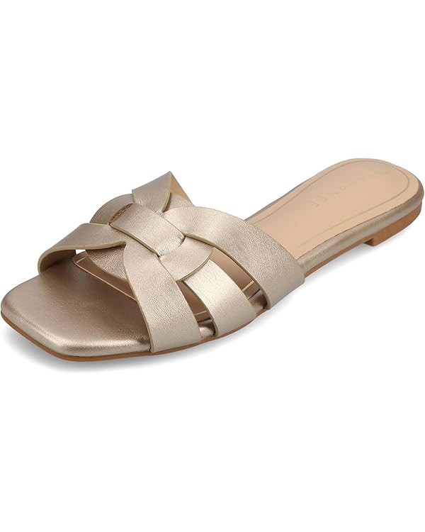 Journee Womens Flat Open Square Toe Fashion Banded Sandal Comfortable Dressy Slip On Arrina Slide | Amazon (US)