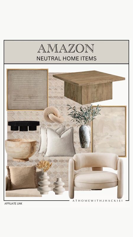 Amazon neutral home items, Amazon items, Amazon home, neutral home decor, coffee table, framed wall art, framed decor, organic home, earthy home, accent chair, throw pillow, bowl, styling elements, coffee table styling, neutral rug, Amazon deals. 

#LTKhome #LTKfindsunder100 #LTKstyletip