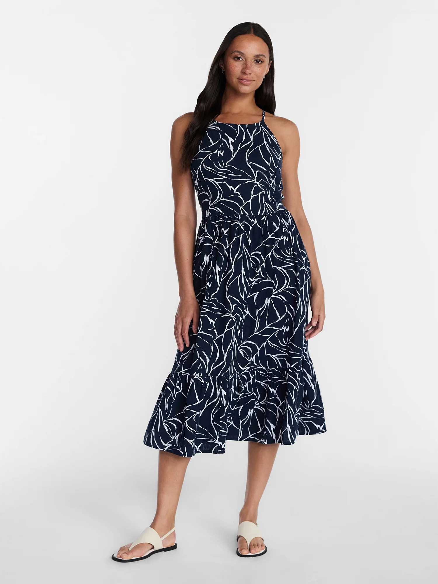 Time and Tru Women's Linen Blend Lace Up Halter Dress, Sizes XS-XXXL - Walmart.com | Walmart (US)