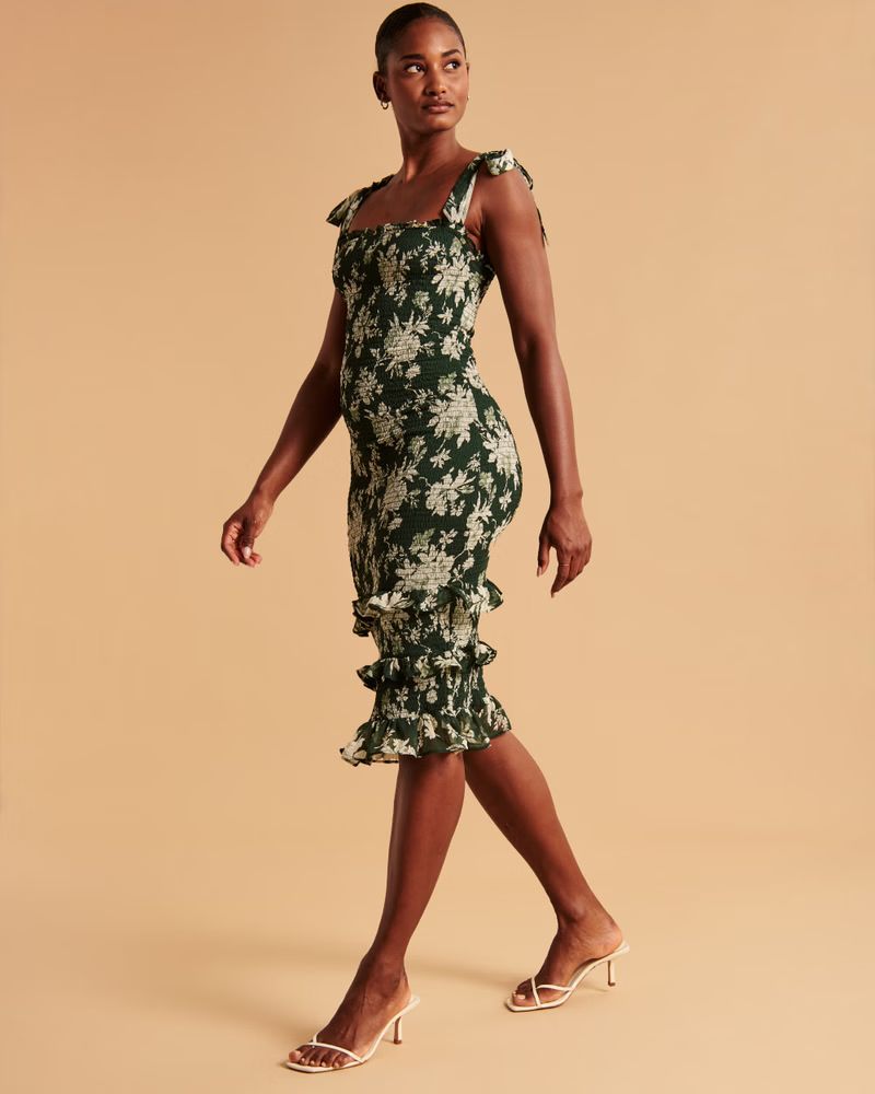 Women's Tie-Strap Smocked Midi Dress | Women's Dresses & Jumpsuits | Abercrombie.com | Abercrombie & Fitch (US)